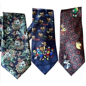 VTG LOT OF 3, Men's Neck Tie LOONEY TUNES Mickey Mouse RUDOLPH REINDEER Cartoons